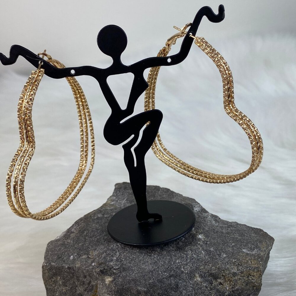 Gold Tone Hoop Wire Heart Earrings 2.5" Drop - Picture 3 of 5